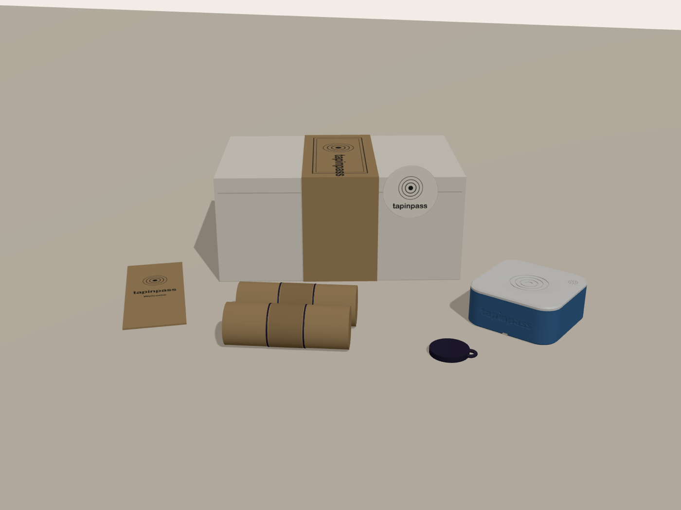 TapInPass kit: box, welcome card, fob rolls, reader